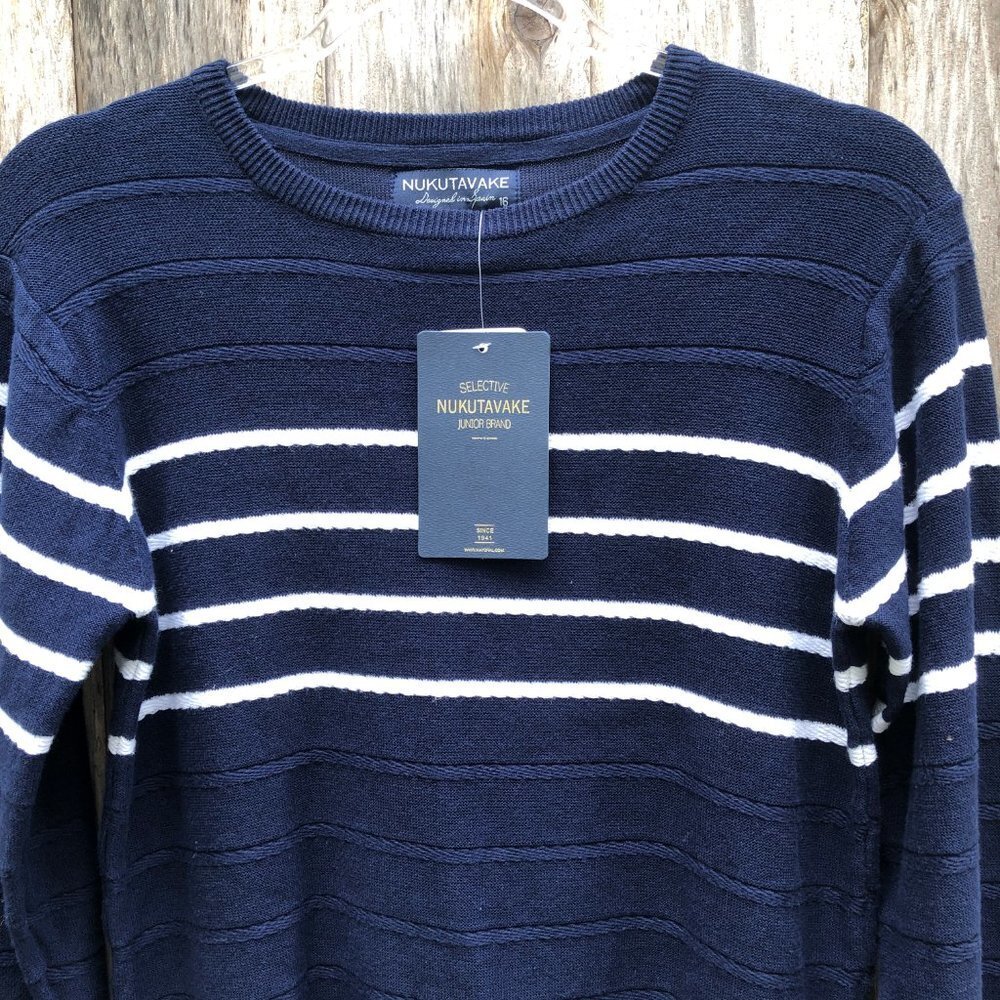 Nukutavake Cotton Navy White Striped Long Sleeve Sweater NWT - Picture 2 of 9